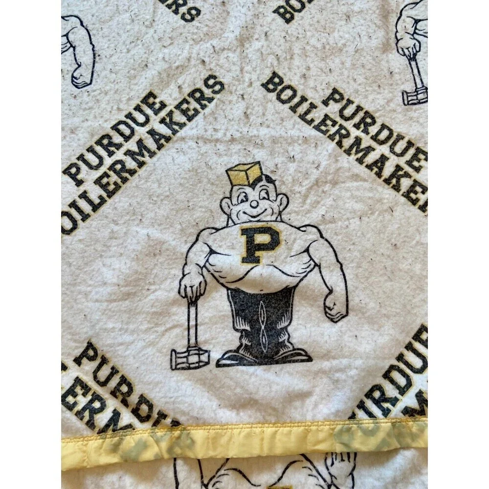 VTG Purdue Throw Blanket Boilermakers Pete Mascot Wool Tapestry Satin Trim Silky